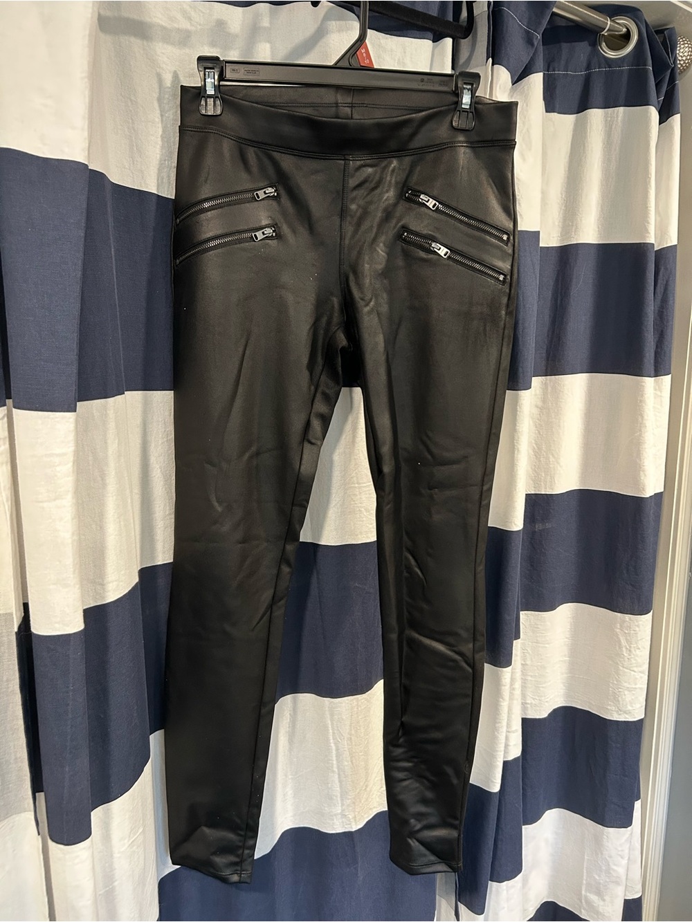 Express Black Faux Leather Skinny Jeans with Quad Zip Accents